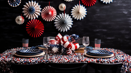 An American-themed Father's Day party adorned with festive decor, embodying patriotism and celebrating with joyous spirit and heartfelt appreciation.AI Generatedの素材