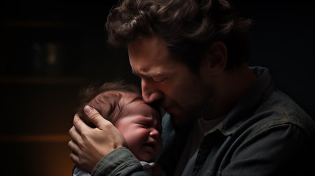In a heartwarming moment, the father tenderly comforts his crying baby, providing reassurance, warmth, and a sense of security with his gentle touch.AI Generatedの素材