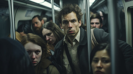 packed train compartment teeming with commuters during rush hour, squeezed together in a bustling mass, jostling for space and holding onto straps.AI Generatedの素材