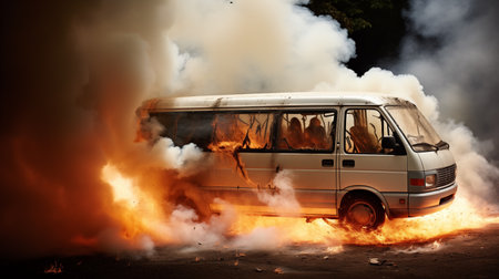 tourist minibus vehicle is being consumed by smoke and flames, creating a scene of chaos and danger on the road.AI Generatedの素材