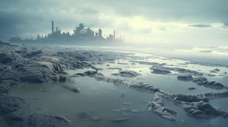 Environmental pollution is evident on the sandy coastal stretch, highlighting the pressing need for conservation and restoration efforts to protect ecosystems.AI Generatedの素材