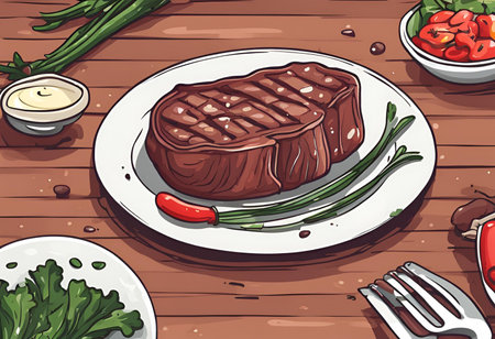 Juicy beef steak grilled to perfection, offering a tender, flavorful, and satisfying meat experience.Cartoon Abstract art.AI Generatedの素材
