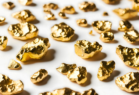 multitude of small gold nugget fragments scattered around.AI Generatedの素材