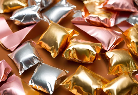 Delicious sweet treats elegantly wrapped in golden and silver foil, perfect for special occasions and gifts.AI Generatedの素材