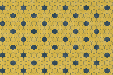 Abstract pattern with blue geometric hexagonal shape on yellow background and wall textured for...