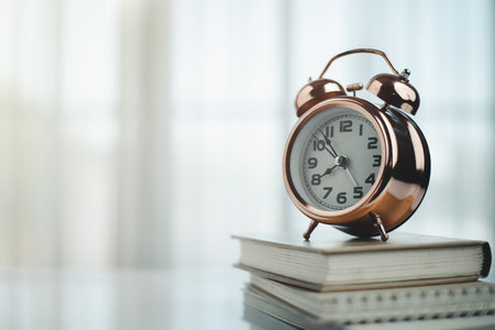 Bell alarm clock on books with copy space for time management for study and work conceptの写真素材