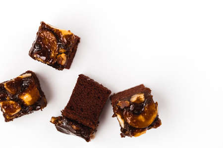 Delicious toffee cake on white background for bakery, food and eating conceptの写真素材