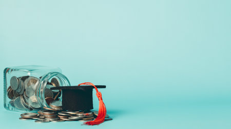 Coins in a glass jar with graduation cap on blue background. Concept of saving for education,...