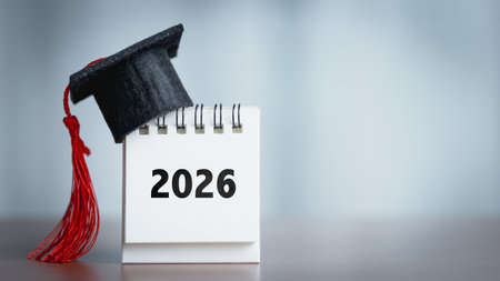 Graduation cap and 2026 calendar on table. Concept of future planning, academic goals, graduation year, education success, and new beginnings.の写真素材