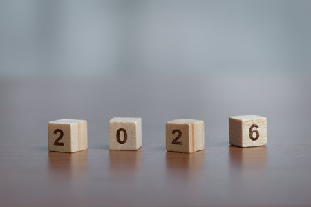 Wooden blocks displaying 2026. Concept of new beginnings, future aspirations, goal setting, planning, and countdown to the new year.の写真素材
