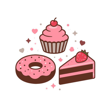 Cupcake, donut, strawberry, sweet vector illustration.