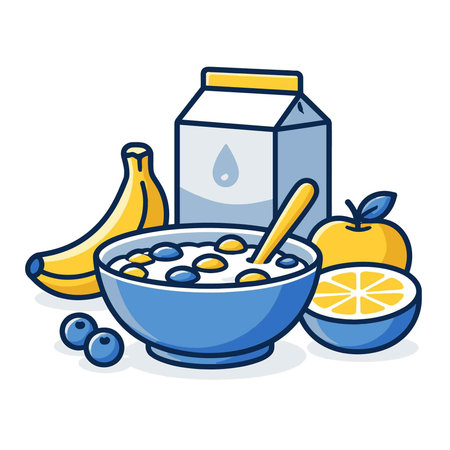 Bowl of cereal with milk and fresh fruits. Vector illustration.