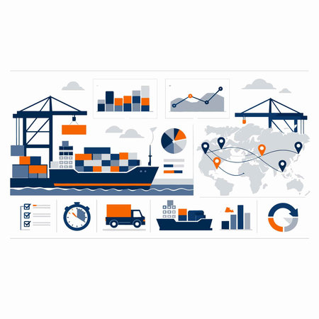 Set of transportation and logistics icons. Cargo ship, crane, cargo container, seaport, truck, map. Vector illustrationのイラスト素材