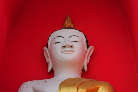 Half buddha statue with red backgroundの写真素材
