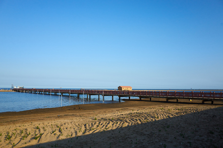 beach with bridge & small buildingのeditorial素材