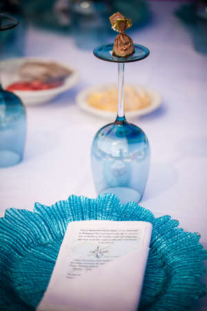 Table display with wineglass and crocoreyの写真素材