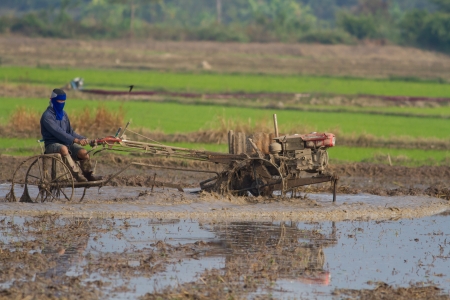 local farmer with wheel machine for rice plantingのeditorial素材