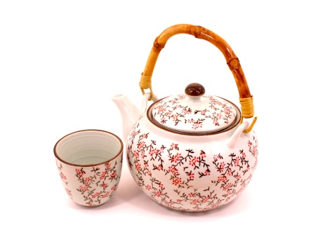 Japanese tea pot and cup on white backgroudの写真素材