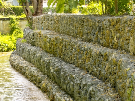 Gabion wall beside streamの写真素材