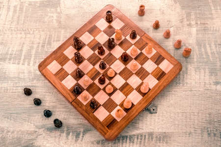 wooden chess game on table top view