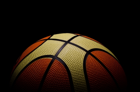 Old basketball isolated on blackの写真素材