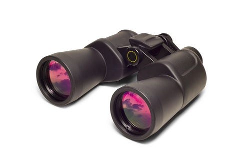 Binoculars with a reflection of a red sky  Isolated on white backgroundの写真素材
