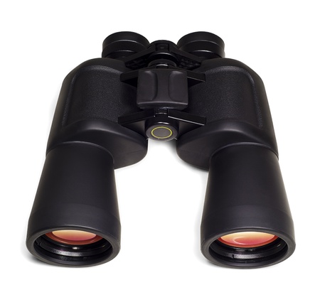 Binoculars with orange color reflection on lenses. Top view. Isolated on white backgroundの写真素材
