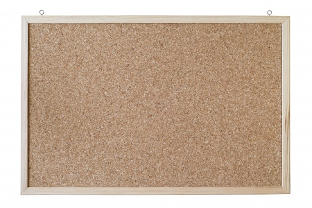 Blank cork board with a wooden frame isolated on whiteの写真素材