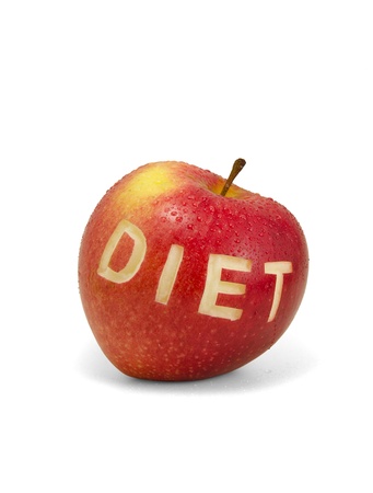 Red apple with Diet tag isolated on whiteの写真素材