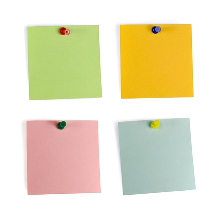 Set of four note paper with pins, isolated on whiteの写真素材