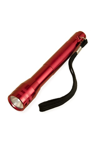 Red metallic flashlight isolated on white backgroundの写真素材