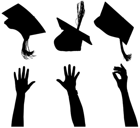 Tossing mortarboard Silhouette on white backgroundのイラスト素材