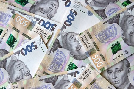 Ukrainian hryvna, banknotes 500 hryvnia. Financial background by 500 hryvnia bills. Money background.の写真素材