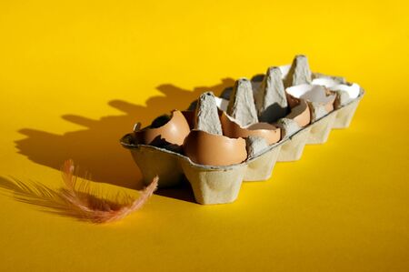 Background view broken of brown chicken eggs in an open egg carton isolated on yellow. Top view with...