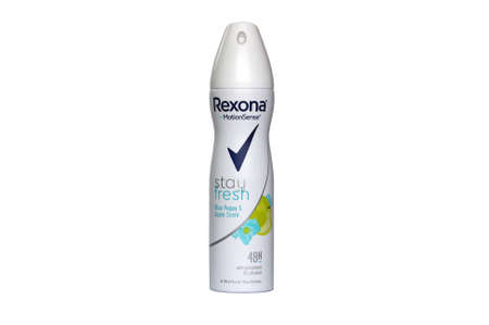 KHARKOV, UKRAINE - FEBRUARY 7, 2020: Rexona Women Stay Fresh deodorant over white background. Rexona Stay Fresh fragrance is classically female with a fresh combination of green apple and blue poppy.のeditorial素材
