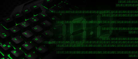 Backlit keyboard with piece of code. Computer hacking, network security breach, internet safety,...
