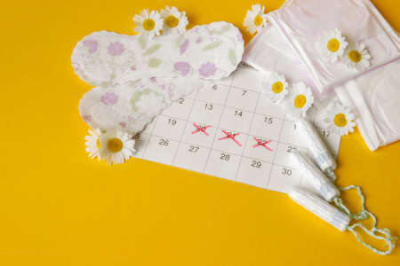Menstrual pads and tampons on menstruation period calendar with chamomiles on yellow background. The concept of female health, personal hygiene during critical days.の写真素材