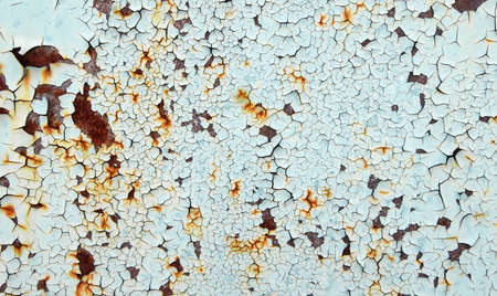 Light blue rust metal decayed crumpled sheet wide background. Weathered iron rusty isolated metallic texture. Corroded steel structure. Abstract web banner.の写真素材
