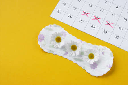 Menstrual pads with chamomiles on menstruation period calendar on yellow background. The concept of...