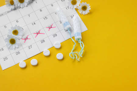 Menstrual tampons on menstruation period calendar with chamomiles on yellow background. The concept of female health, personal hygiene during critical days.の写真素材