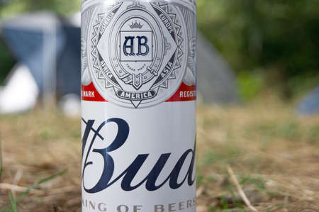 KHARKOV, UKRAINE - AUGUST 23, 2020 : One metal can of Budweiser Bud beer outdoors. Budweiser is one of the most popular beer brands in the United States.のeditorial素材