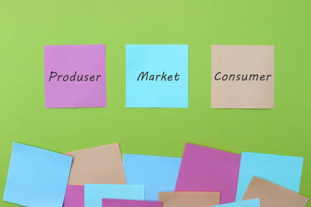 Producer, market, consumer, the phrase is written on multi-colored stickers.