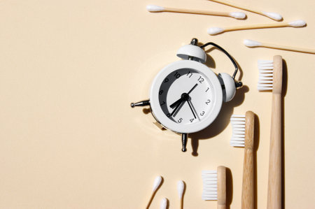 Bamboo toothbrushes, small white alarm clock and bamboo ear sticks on light background.の写真素材
