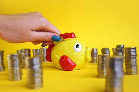 Yellow piggy bank in the form of a fish with coins around. Savings concept.の写真素材