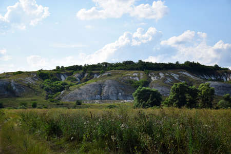 Chalk mountains surrounded by forests and fields in the Kharkiv region.