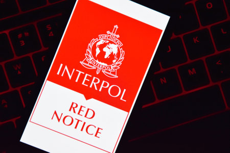 A smartphone with the Interpol displayed on the screen lies on the keyboard.