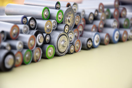 Used AA batteries and proper disposal of environmentally and soil-toxic batteries on a green background. The concept of processing harmful and recyclable objects.の写真素材