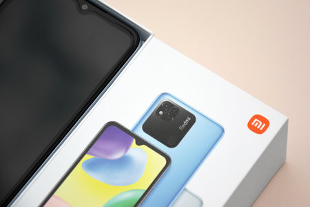 Kharkiv, Ukraine - September 12, 2022: Xiaomi launch new smartphone Redmi 10A silver.