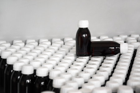 Production line conveyor with plastic bottles in a factory. pharmaceutical industry.の写真素材