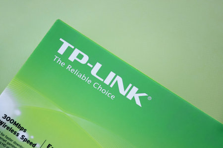 Kharkiv, Ukraine - June 17, 2022: Green box home router TP Link TL-WR845N.のeditorial素材